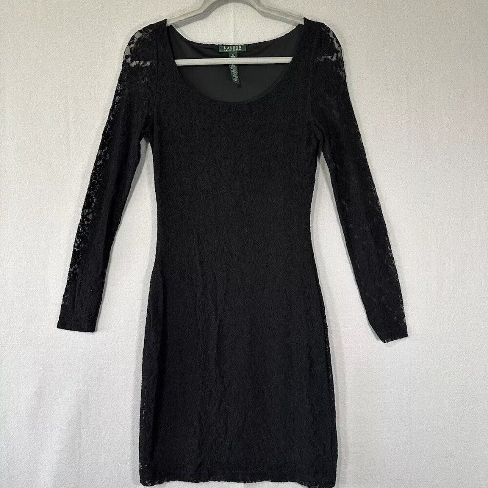 Lauren Ralph Lauren Green Label Black Long Sleeve Lace Stretch Midi Dress Size S